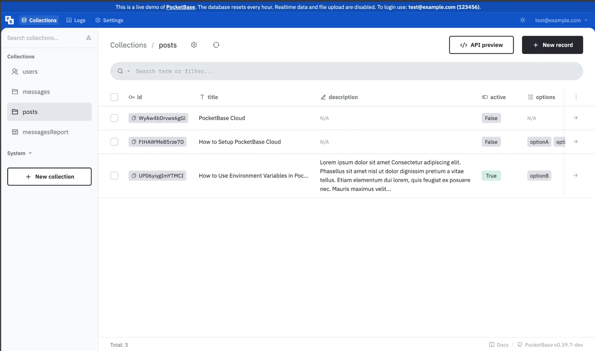 PocketBase Cloud admin dashboard showing the posts collection